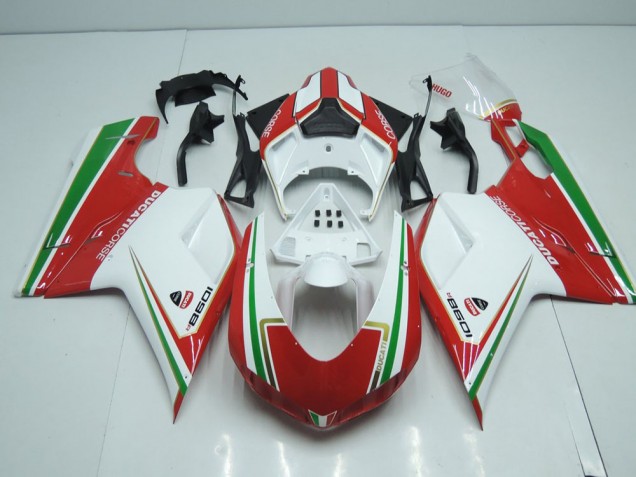 2007-2014 White and Red with Green Stripe Ducati 848 1098 1198 Motorcycle Fairings 2007-2014 White and Red with Green Stripe Ducati 848 1098 1198 Motorcycle Fairings